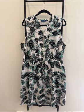 Apt. 9 White Dress with Black & Teal Palm Print